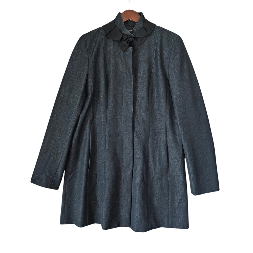 Tahari Dark Blue Button Up Ruffle Mock Neck Collar Lined Long Overcoat Size L
